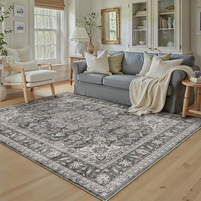 5x7 Washable Vintage Area Rug Black Grey Living Room Bedroom Carpet Non-Slip Soft Low Pile Distressed Indoor Throw Rug for Dining Room Entryway Office