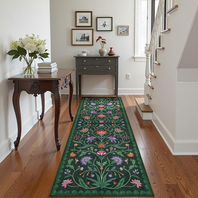 Lahome Boho Floral 2'6"x8' Washable Runners for Hallways, Kitchen Runner Rugs Non Skid Ultra-Thin, Soft Bathroom Rug Throw Carpet Runners for Bedroom Laundry Room (Forest Green,2'6"x8ft)