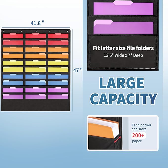 Annecy 30 Pockets Classroom Mailbox, Hanging Wall File Organizer, Black Storage Pocket Chart for Folder and Paper, Space Saver, Come with Wall Hangers, Over The Door Hooks, Labels