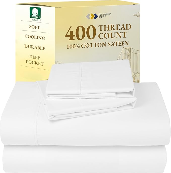 California Design Den Queen Sheet Set - Soft 400 Thread Count Sateen, Natural 100% Cotton Sheets, Deep Pockets with All Around Elastic for a Snug Fit, Durable Bedding Set - Antique White