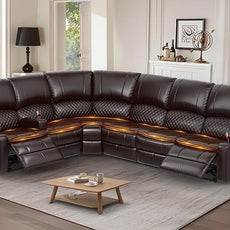 Manual Reclining Sectional Sofa Set, 6 Seats Soft Leather Recliner Corner Sectional Couch, Family-Sized L-Shaped Recliner Couch with USB Charging, Thickened Padding, Sturdy Frame, Brown