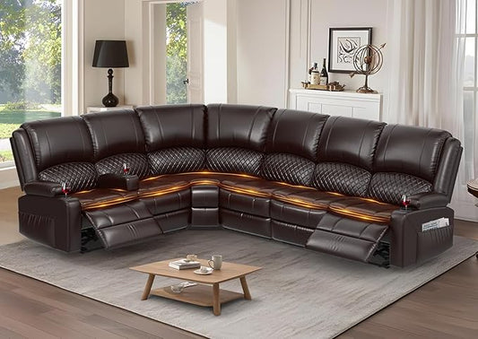 Manual Reclining Sectional Sofa Set, 6 Seats Soft Leather Recliner Corner Sectional Couch, Family-Sized L-Shaped Recliner Couch with USB Charging, Thickened Padding, Sturdy Frame, Brown
