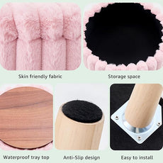 Wimarsbon Storage Ottoman,Soft Faux Fur Footstool with Padded Seat, Small Reading Vanity Chair, Footrest with Wood Tray for Couch, Mini Coffee Table or Display Stand (Pink, Round Storage)