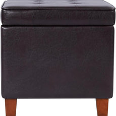 HomePop Leatherette Tufted Square Storage Ottoman with Hinged Lid, Brown Small