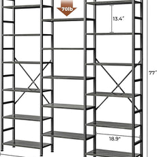 SUPERJARE Triple 6 Tier Bookshelf, Bookcase with 17 Open Display Shelves, Wide Book Shelf Book Case for Home & Office, Grey