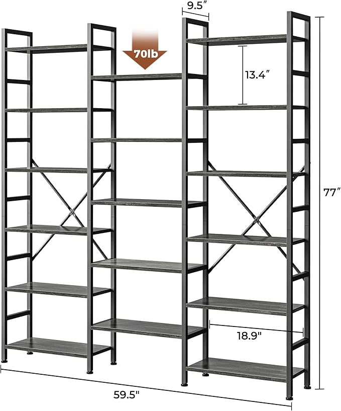 SUPERJARE Triple 6 Tier Bookshelf, Bookcase with 17 Open Display Shelves, Wide Book Shelf Book Case for Home & Office, Grey