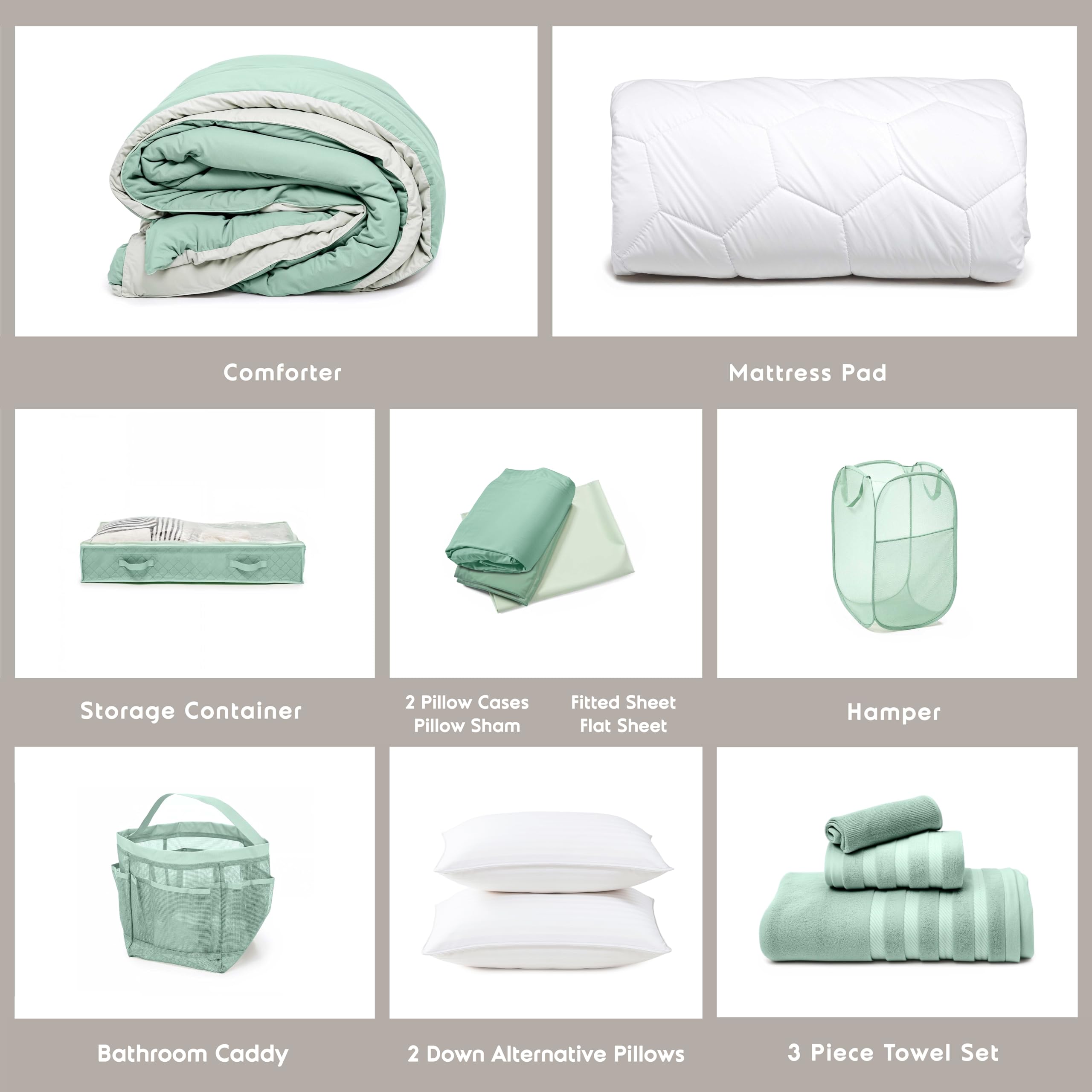 Hearth & Harbor Complete Dorm Room Set, Twin XL Comforter Set, Sheet Set, Mattress Protector, Towels and Organizers - All Dorm Accessories Included Dormly
