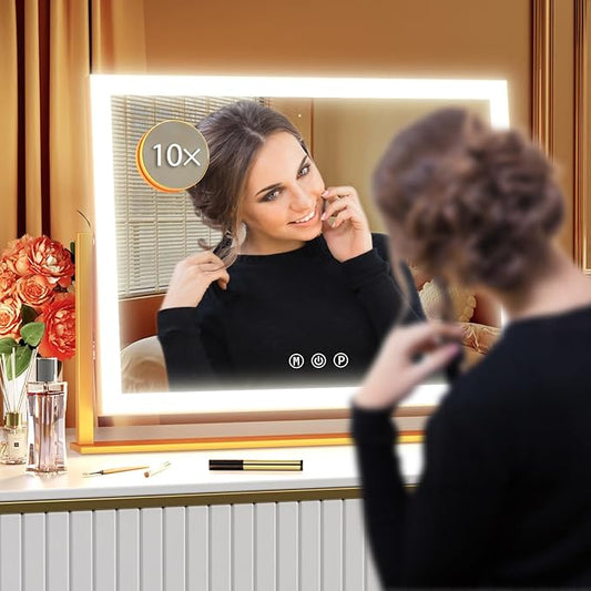 Lighted Makeup Mirror, 17.3"x13" Hollywood Vanity Mirror with Lights, Three Color Lighting Modes, and 5X Magnification Mirror, Smart Touch Control, 360°Rotation (Gold, Gift Box)