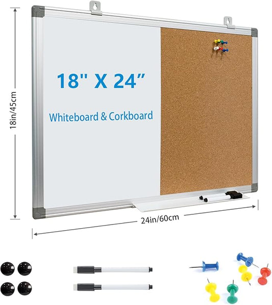Combination Writeboard 24"x 18" Magnetic Whiteboard & Cork Board Aluminium Frame Dry Erase Board Bulletin Board Wall Mounted Memo Message