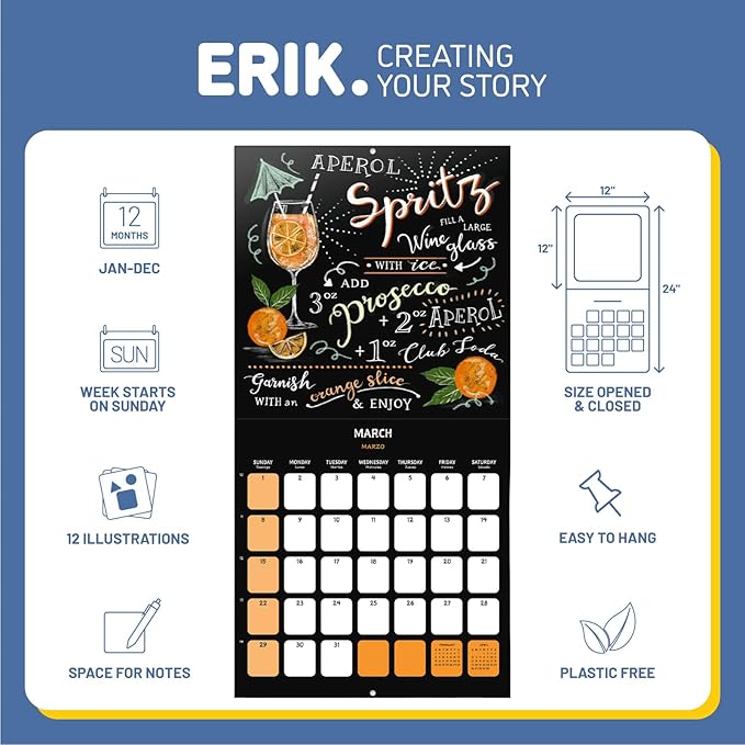 Cocktails Wall Calendar 2026 12" x 12" FSC® Plastic Free - Starts Week On Sunday | Family Planner Calendar 2026