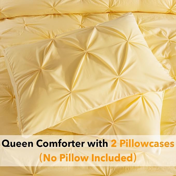 Andency Yellow Pinch Pleat Comforter Queen(90x90Inch), 3 Pieces(1 Pintuck Comforter and 2 Pillowcases) Pintuck Comforter Set, Microfiber All Season Down Alternative Bedding Set