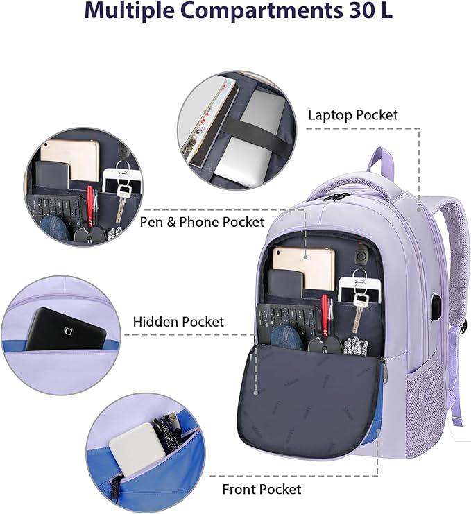 MATEIN Womens College Backpack, Stylish Casual Bag with Trolley Sleeve Fits 17 Inch Laptop, Water Resistant Work Commute Daypack with USB Charging Port, Graduation Gifts, Purple Blue