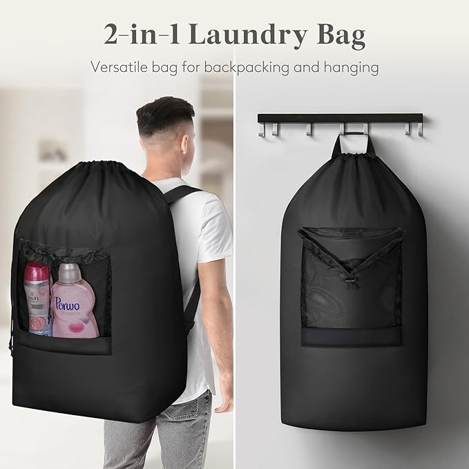 Lifewit 120L Laundry Bag, Extra Large Laundry Backpack with Shoulder Straps and Mesh Pocket for Laundromat, Heavy Duty Laundry Bag Backpack for Dirty Clothes for College Dorm/Travel/Apartment, Black