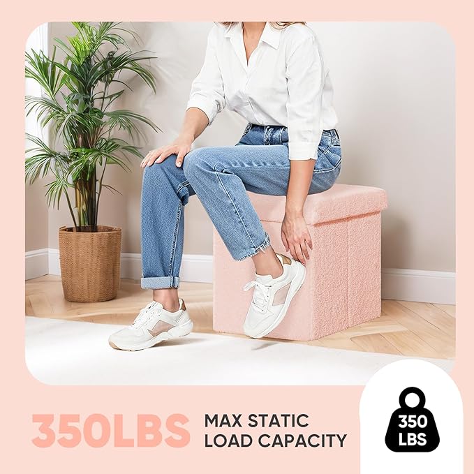 PINPLUS Storage Ottoman Cube Square Shaped Ottomans with Storage Foot Stool Footrest for Lving Room Boucle Ottoman Seat for Dorm Room,Faux Teddy Fur Pink,15"x15"x15"