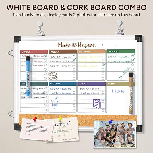 Weekly Dry Erase Board and Cork Board Combo for Wall, 17"x13" Reversible Hanging Dry Erase Board, Double Sided White Board with Aluminum Frame for Planning, Office, Kitchen, School, Home