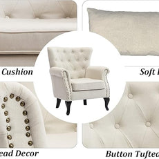 Mid Century Accent Chair for Living Room, Linen Fabric Button Tufted Armchair Wingback Club Chair, Modern Single Sofa Lounge Chair with Pillow for Reception/Bedroom, Beige