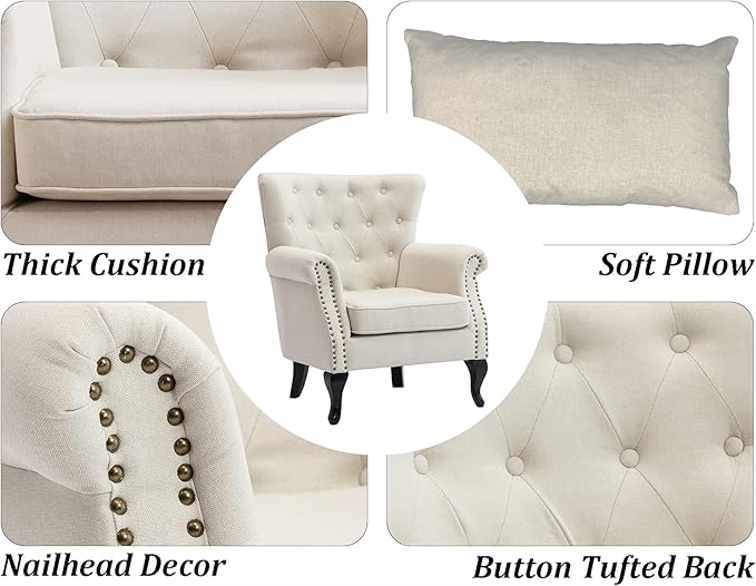Mid Century Accent Chair for Living Room, Linen Fabric Button Tufted Armchair Wingback Club Chair, Modern Single Sofa Lounge Chair with Pillow for Reception/Bedroom, Beige
