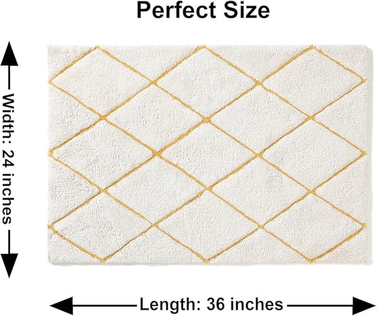 Organic Cotton Bathroom Rug, Luxury Non Slip Ultra Soft & Water Absorbent Bath Mat, Diamonds Design Premium Rug, Perfect for Tub & Shower, Toilet Floors, Door Mat (36"x24", Ivory & Yellow Ochre)
