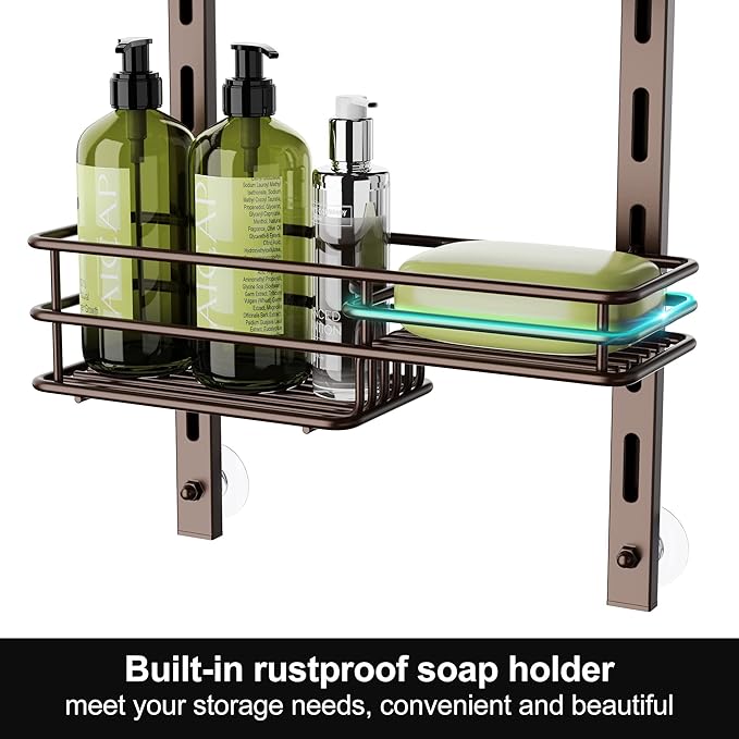 Orimade Over the Door Shower Caddy Adjustable 5 Tier Bronze,Bathroom Hanging Organizer Shelf Rustproof with 4 Hooks,Shower Basket with Soap Holder and Suction Cup