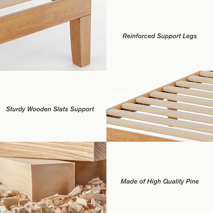 Sweetcrispy Solid Wood Bed Frame, Full Size Bed Base with Wood Slat Support, Sturdy, Stylish & Noise-Free Design, No Box Spring Needed, Easy Assembly, 12 in Natural Pine