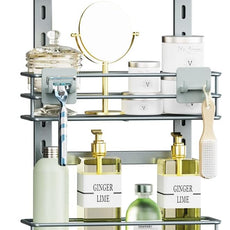Orimade 4 Tier Adjustable Anti-slip Shower Caddy over Shower Head,Rustproof Bathroom Hanging shower Organizer with 4 Hooks for Razor,No Drilling Shower shelves Storage Rack, Light Grey