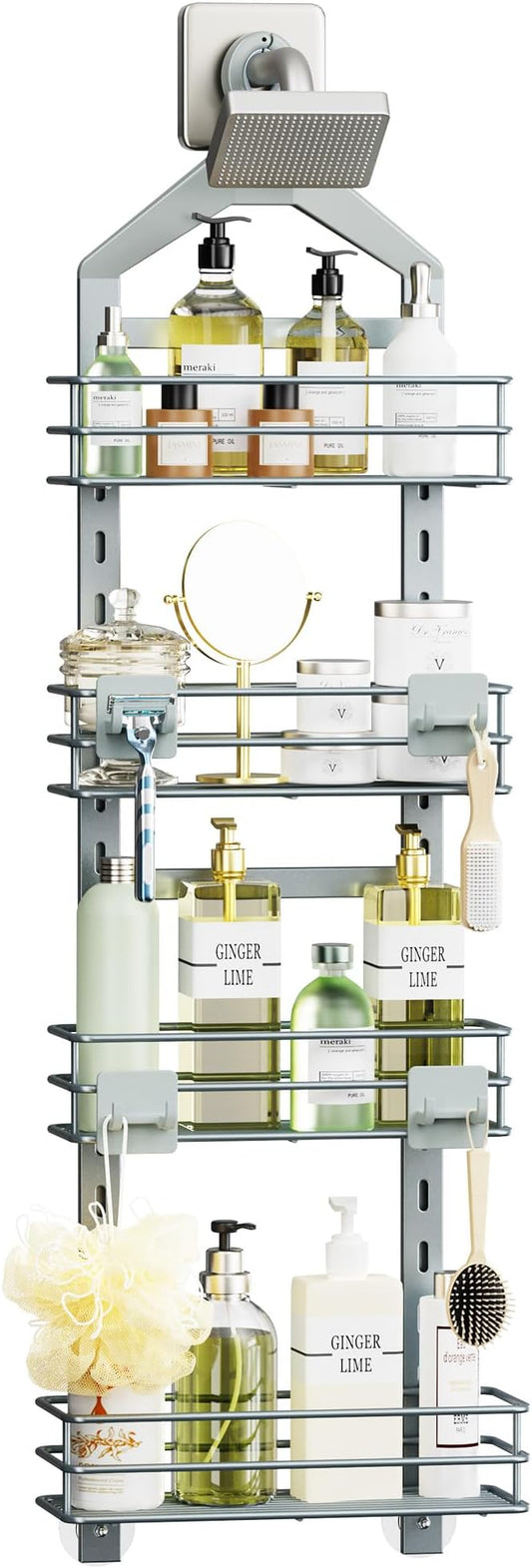 Orimade 4 Tier Adjustable Anti-slip Shower Caddy over Shower Head,Rustproof Bathroom Hanging shower Organizer with 4 Hooks for Razor,No Drilling Shower shelves Storage Rack, Light Grey