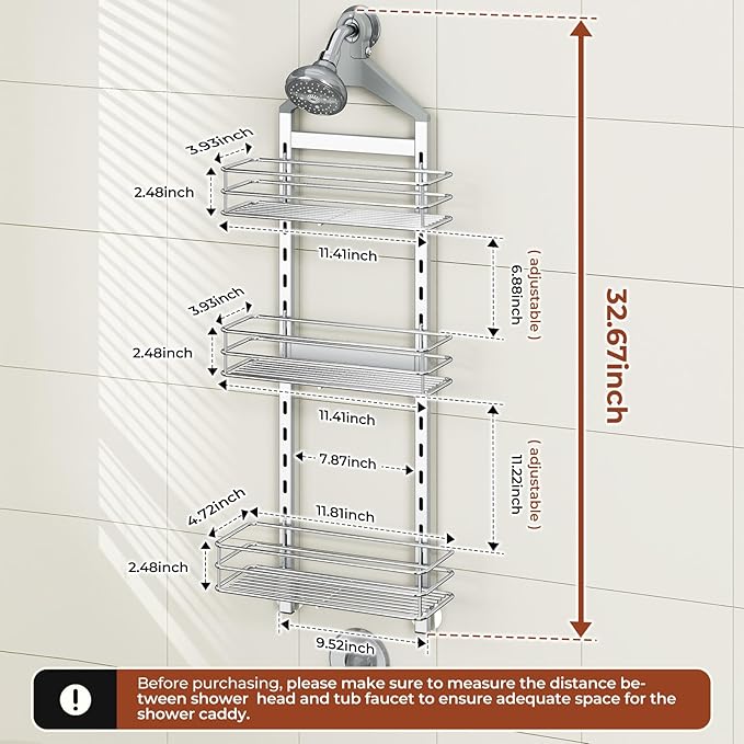 Orimade Aluminum Hanging Shower Caddy Over Head, Adjustable Anti-Slip Bathroom Shelves with Hooks, Rustproof Shower Organizer Storage Rack, Silver 3 Tier