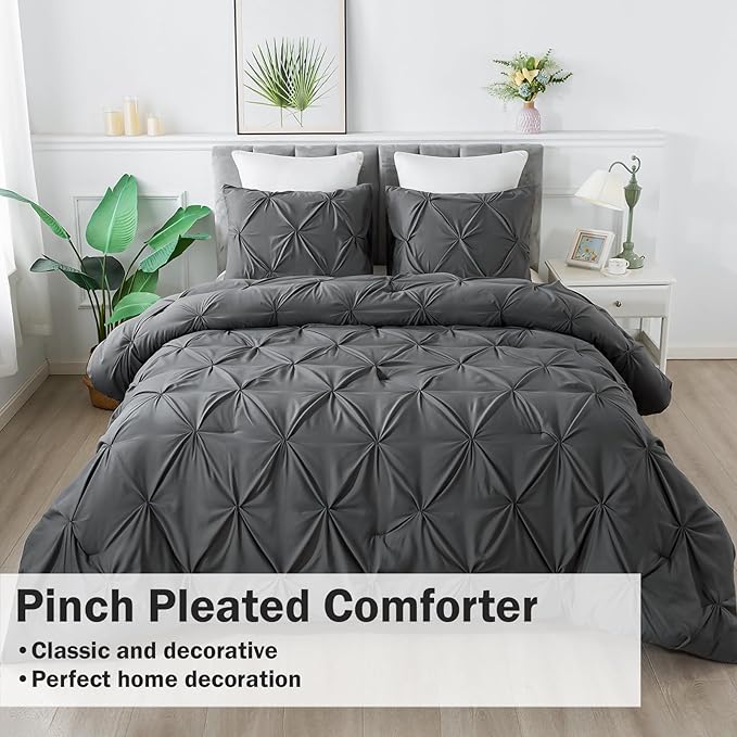 Andency Gray Pinch Pleat Comforter Twin(66x90Inch), 2 Pieces Grey Pintuck Bed, Microfiber Down Alternative Bedding Set with 1 Pillowcase