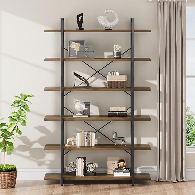 HSH Tall Bookcases and Book Shelves 6 Shelf, Metal Wooden Book Shelf and Storage Rack, Modern Etagere 6 Tier Bookshelf, Farmhouse Large Display Bookshelves for Bedroom Living Room Office, Rustic Oak