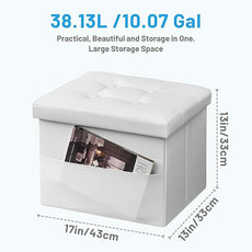 Storage Ottoman Foot Rest Stool, Small Leather Storage Ottomans Bench, Folding Footstool with Side Pockets, Foot Rest Under Desk for Living Room Bedroom, 17x13x13 in, White