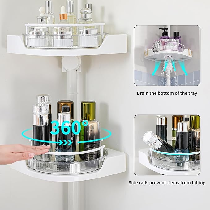 Corner Shower Caddy Tension Pole, 4 Tiers Rotating Shower Organizer for Bathroom Shelf Bathtub, Adjustable Standing Shower Rack Bathroom Accessories, Easily Assemble, 34-124 Inch Height,White