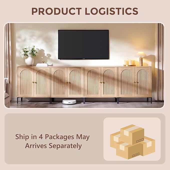 Bathroom Cabinet with Storage, 123.5" W Fluted Arched Free Standing Floor Cabinet w/Adjustable Shelves, Modern Sideboard Cabinet for Bathroom, Kitchen, Living Room, Entryway, Natural