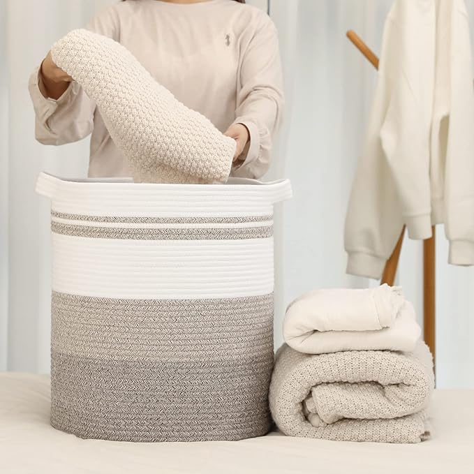 OIAHOMY 58L Laundry Baskets-Laundry Hamper, Storage Basket with Handles, Decorative Basket for Living room, Woven Storage Basket for Toys Bin, Pillows, Blankets, Clothes-18x16in-Gradient Brown