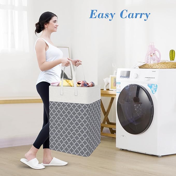 BlissTotes 3-Pack Laundry Basket, Freestanding＆Waterproof Laundry Hamper, Collapsible Tall Clothes Hamper with Easy Carry Handles for Clothes, Towels in the Family and Dorm,Clover Grey,75L