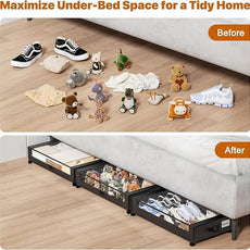 Under Bed Storage with Wheels,Under Bed Storage Containers with Clear Lids, Under-Bed Organizers for Clothes, Shoes – Durable Storage Bins with Smooth Rolling Wheels (Black, 4 Pack)