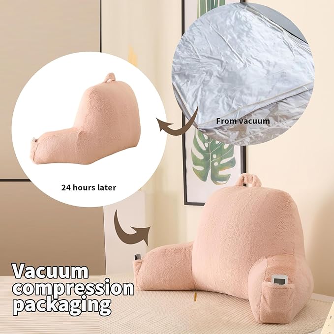 Reading Pillow for Sitting in Bed, Large Backrest Reading Pillow with Arm Rest,Back-Rest Support Cushion for Sit Up on Couch, Sofa, and Floor, Dorm Essentials (Shell Pink Faux Fur, Large(19"))
