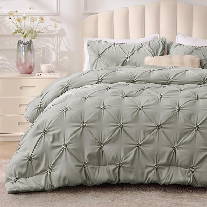BEDELITE Grey Twin Comforter Set - 2 Peices Boho Pintuck Bedding Comforter Sets, Lightweight Soft & Warm Twin Bedding Sets with 1 Pillowcase for All Season