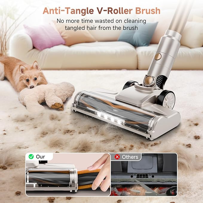 Cordless Vacuum Cleaner, 550W/45KPA Powerful Suction Cordless Stick Vacuum Cleaners for Home, Anti-Tangle Brush, Lightweight, 6-IN-1 Rechargeable Vacuum for Pet Hair/Carpet/Hard Floor(Off-White)
