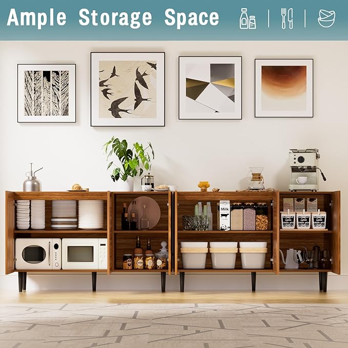 CHUWELL Farmhouse Storage Cabinet, 94.4" Buffet Cabinet with 6 DIY Doors and Adjustable Shelf, Sideboard Coffee Bar with Solid Wood Feet for Kitchen,Dining Room,Living Room,Brown