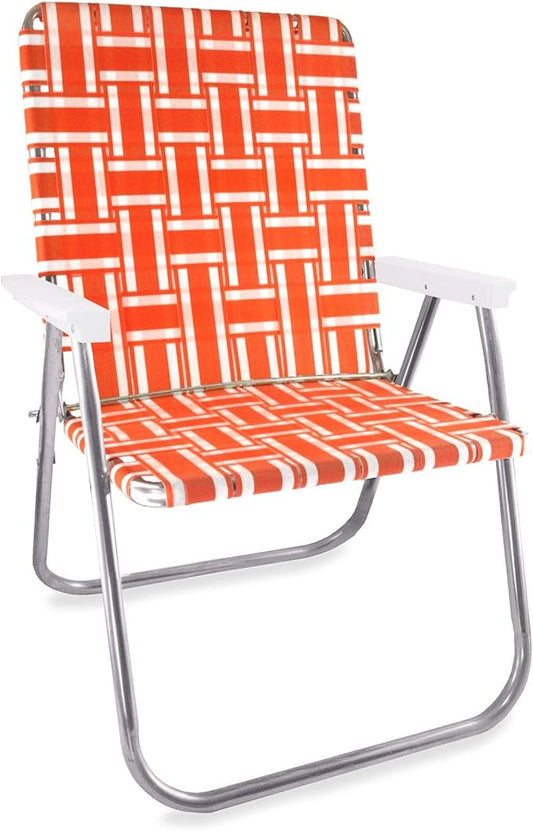 Lawn Chair USA Folding Aluminum Outdoor Patio Lawn Chair | Heavy-Duty Webbed Chairs for Camping, Sports, Beach, Yard & Tailgating | Lightweight Portable | Magnum - Orange and White with White Arms