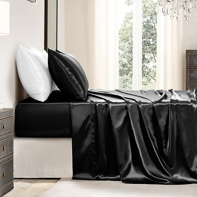 Satin Sheets California King Size - 4 Pieces Luxury Silky Soft Bed Sheets, Wrinkle-Free Black Satin Silk Sheet Set with 1 Deep Pocket Fitted Sheet, 1 Flat Sheet, 2 Pillow Cases