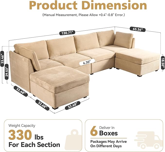 Large 6 Seat Modular Sectional Sofa with Ottoman Seat Corduroy Sleeper Sectional Sofa Bed Oversized Convertible Modular Couch for Living Room