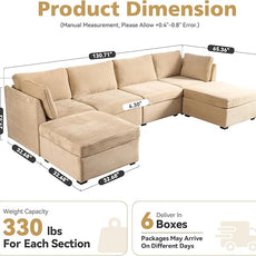 Large 6 Seat Modular Sectional Sofa with Ottoman Seat Corduroy Sleeper Sectional Sofa Bed Oversized Convertible Modular Couch for Living Room
