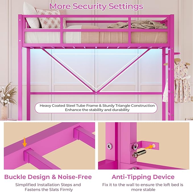 DICTAC Loft Bed Twin Size with Ladder and Guardrail,Metal Twin Loft Bed with Led Lights,Pink Loft Bed for Girls,Small Space Saving Design for Bedroom,Kid Room and Dorm,No Box Spring Needed, Pink