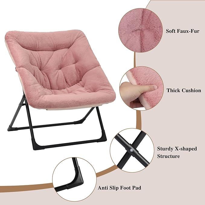 Comfy Saucer Chair for Adults, Soft Faux Fur Bedroom Chair with Ottoman, Accent Dorm Chairs, Living Room Reading Chairs and Footstool, Folding Lounge Seat for Teens, X-Large, Dusky Pink