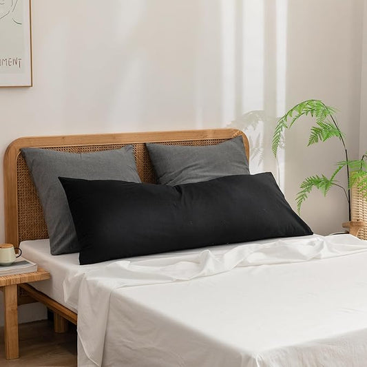 BESTOUCH 100% Washed Cotton Pillowcase for Hair and Skin Linen Feel Soft Comfortable Breathable 1 Pcs Pillow Case with Envelope Closure Solid Deep Dark Black Body 20x54 Inches