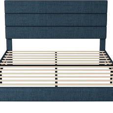 Allewie Queen Size Platform Bed Frame with Fabric Upholstered Headboard and Wooden Slats Support, Fully Upholstered Mattress Foundation/No Box Spring Needed/Easy Assembly, Navy Blue
