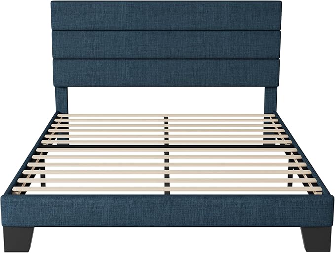 Allewie Queen Size Platform Bed Frame with Fabric Upholstered Headboard and Wooden Slats Support, Fully Upholstered Mattress Foundation/No Box Spring Needed/Easy Assembly, Navy Blue