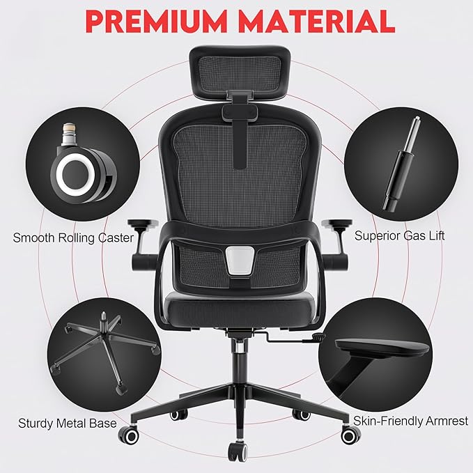 Ergonomic Office Chair - 400LB Comfy Desk Chairs with Adjustable Headrest and Lumbar Back Support, Mesh Computer Chairs with Wheels and Arms for Home Office, Study