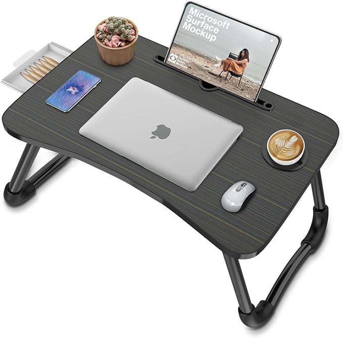 Zapuno Foldable Laptop Bed Table Multi-Function Lap Serving Tray Dining Table with Storage Drawer and Water Bottle Holder, Slot for Eating, Working on Couch/Sofa (Arc Shape)